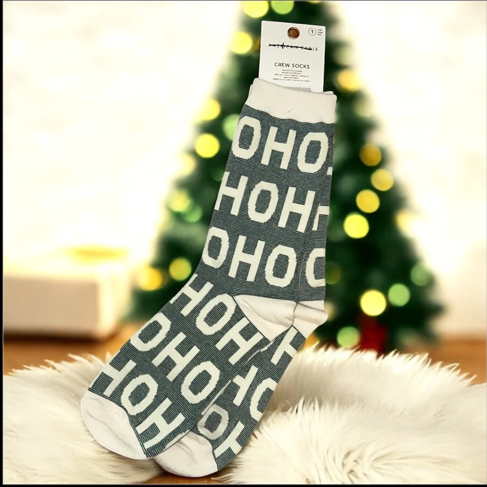 NWT AE HoHoHo Crew Sock Green n white OS Tall sock